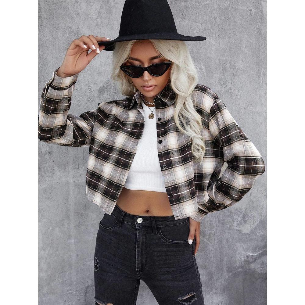 ❗️ Plaid Single Breasted Drop Shoulder Crop trucker jacket fall tan brown - Picture 3 of 5